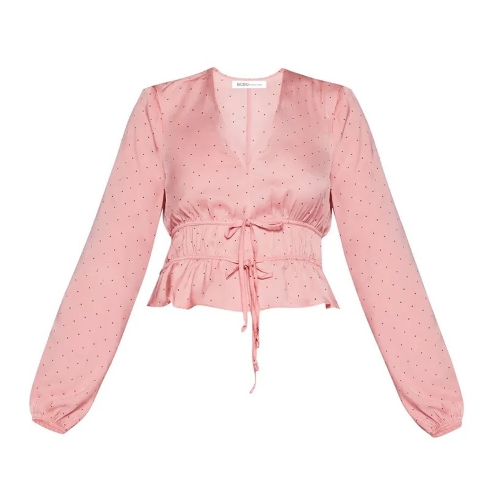 Revolve BCBGeneration Tie Front Long Sleeve Top Watermelon Pink Pastel Puffed M